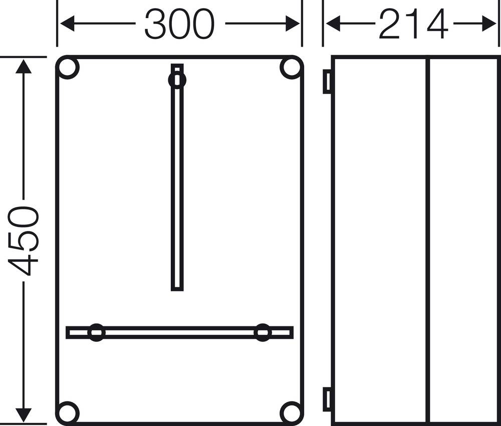 Technický výkres obdélníkové krabice s rozměry: 300 mm šířka, 450 mm výška, 214 mm hloubka. Pohledy zepředu a z boku.