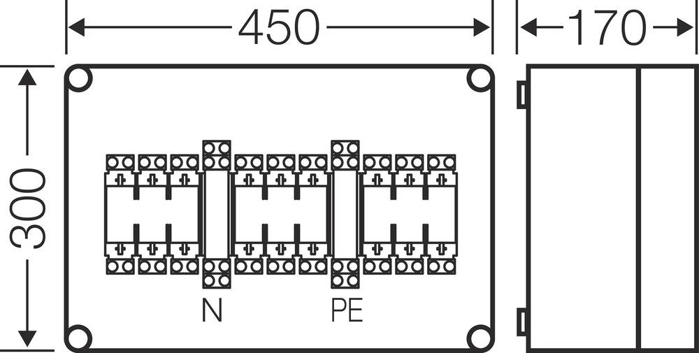 Schéma elektrického rozvaděče: rozměry 450 mm x 300 mm, s přípojkami N a PE.