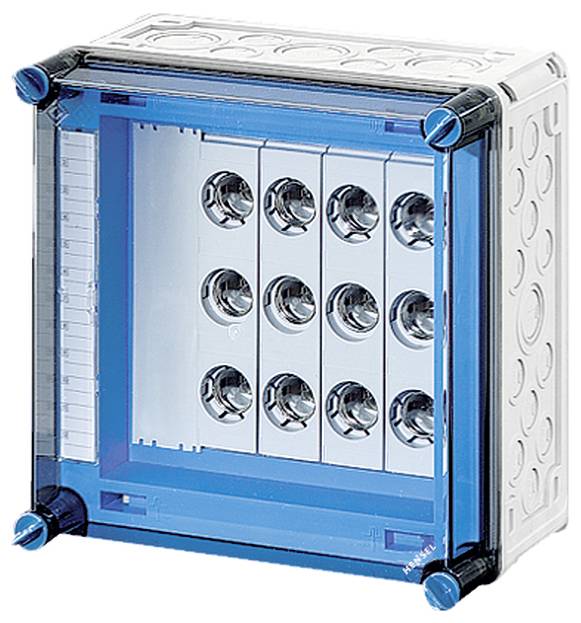 Čtvercový, průhledný kryt s modrým rámečkem a několika kulatými otvory vpředu, určený pro elektrické instalace.