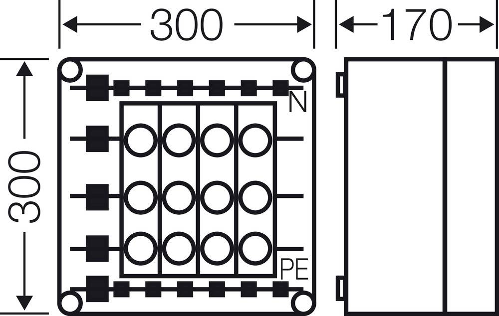 Schéma elektrické připojovací krabice s rozměry 300 x 300 x 170 mm, zobrazující připojovací svorky pro N a PE.