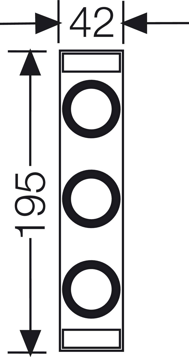 Technický výkres obdélníkové kovové desky se třemi kulatými otvory. Rozměry: 42 mm šířka, 195 mm výška.