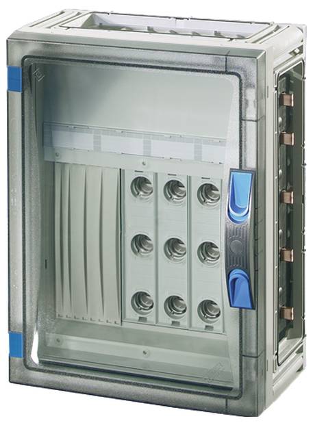 Šedý elektrorozvaděč s průhledným víkem. Uvnitř jsou viditelné vícenásobné zásuvkové lišty a přepínače.