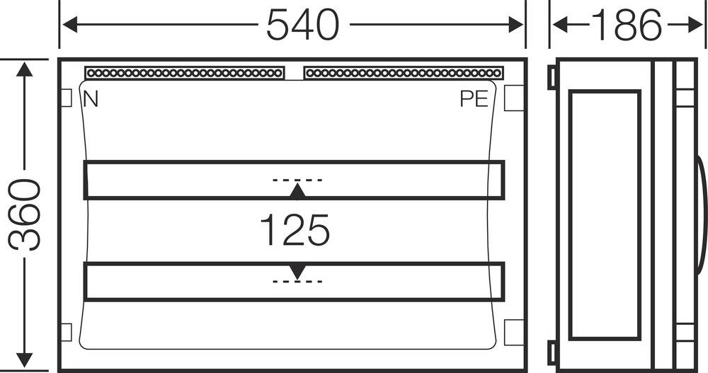 Technický výkres obdélníkového zařízení s rozměry 540 x 360 x 186 mm, se dvěma horizontálními otvory a přípoji 'N' a 'PE'.