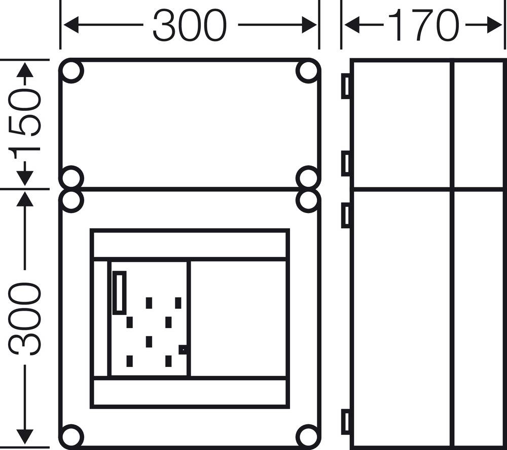 Technický výkres obdélníkového zařízení s rozměry: šířka 300 mm, výška 300 mm, hloubka 170 mm. Přední a boční pohled.