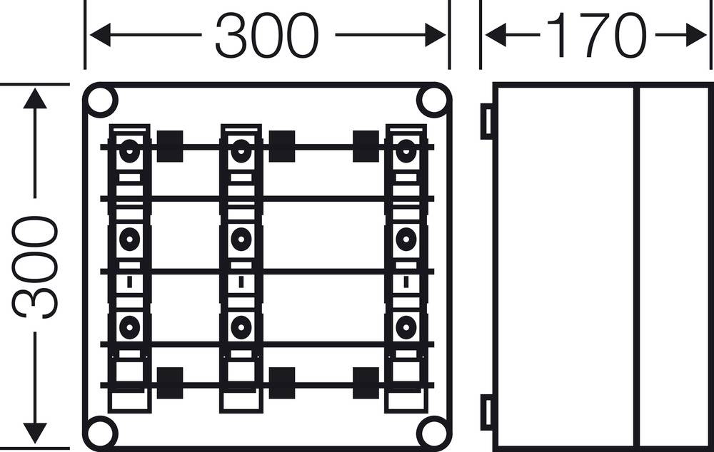 Rozměry mechanické součásti: 300 x 300 mm v šířce a výšce, 170 mm hloubky. Zobrazuje mechanické spoje a upevňovací body.