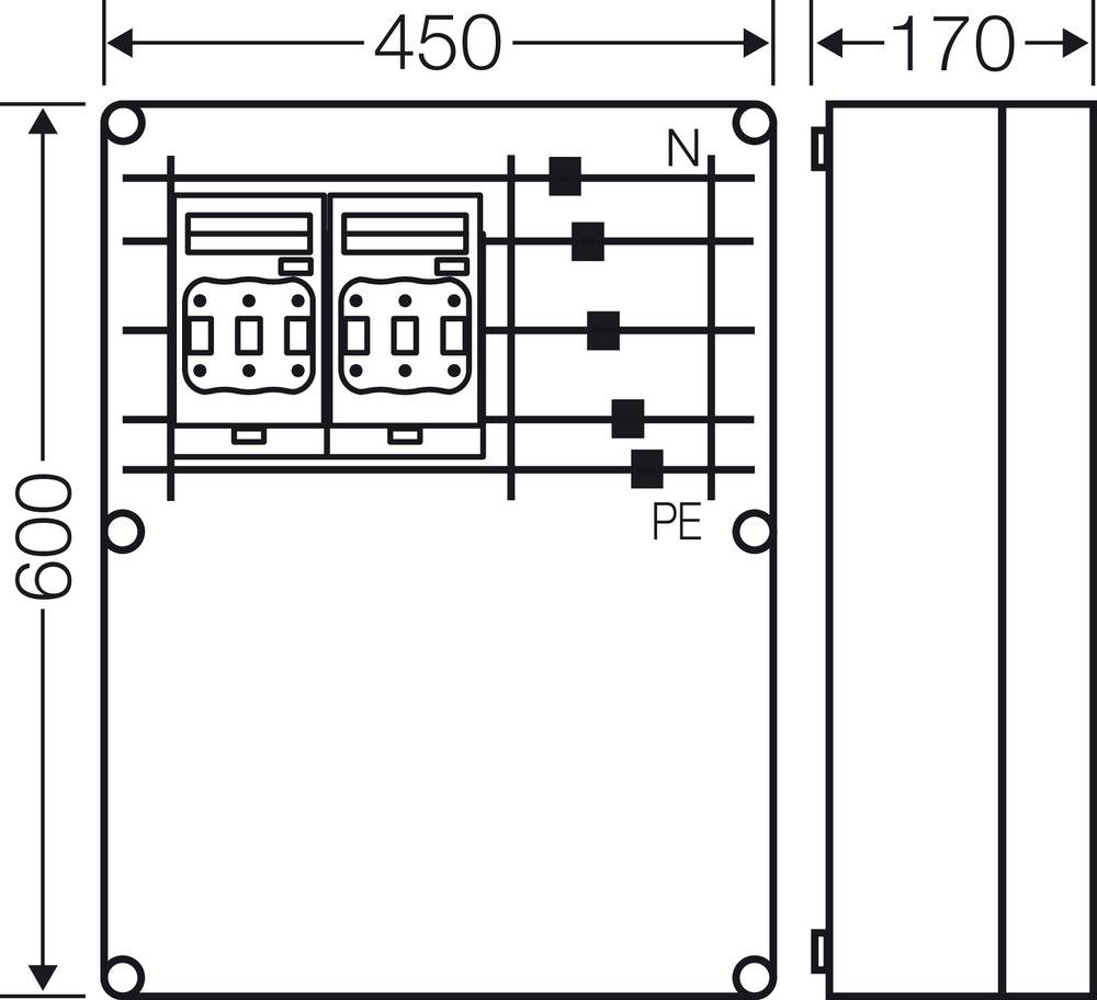 Technický výkres obdélníkového zařízení o rozměrech 450 x 170 x 600 mm, zobrazující dvě elektrické zásuvky a připojovací místa označená 'N' a 'PE'.