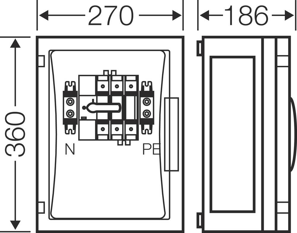 Technický výkres rozvaděče s rozměry: šířka 270 mm, výška 360 mm, hloubka 186 mm. Zobrazuje vnitřní pohled s přípoji 'N' a 'PE'.