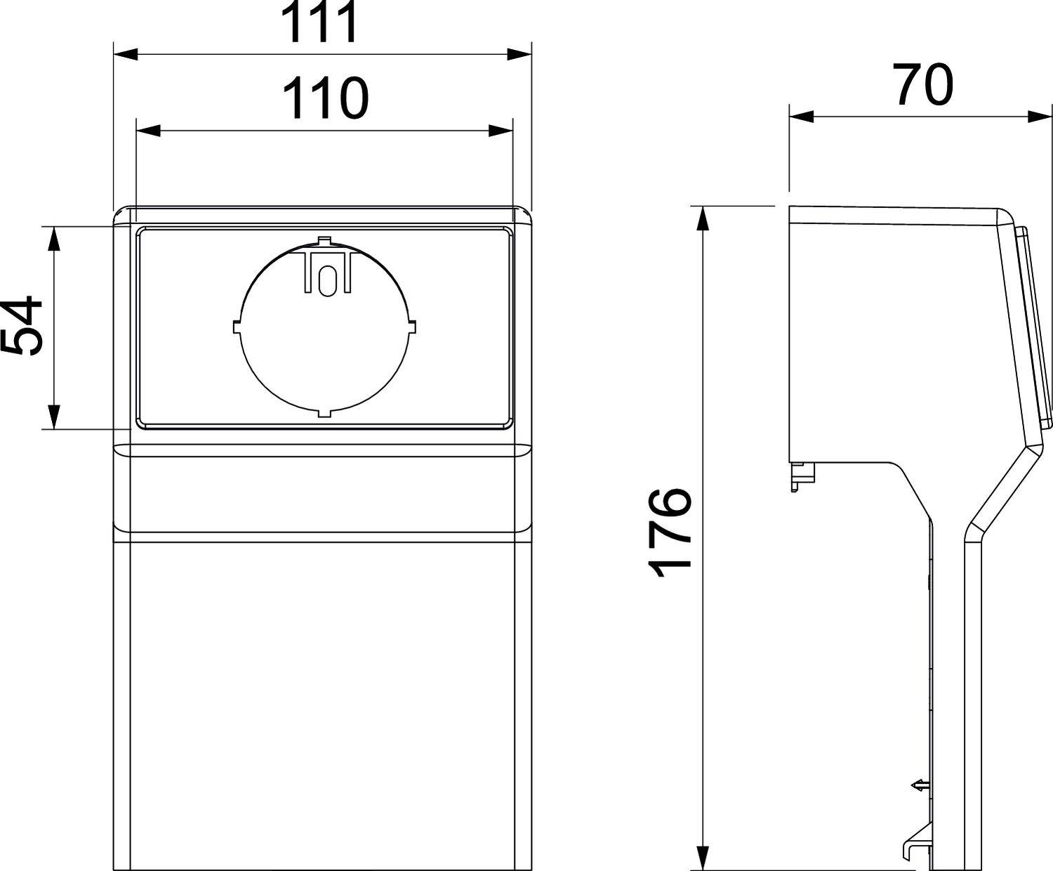 Technický výkres obdélníkového pouzdra s rozměry: šířka 111 mm, výška 176 mm, hloubka 70 mm. Obsahuje kruhový otvor na přední straně.