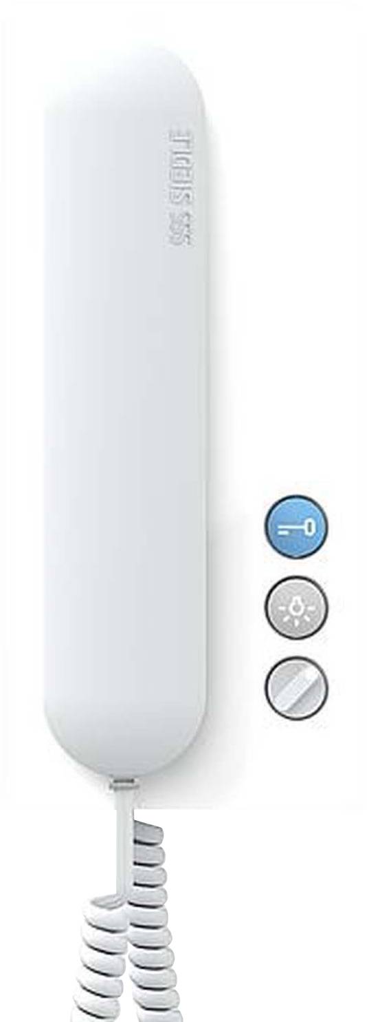 Bílý audiotelefon se třemi kulatými tlačítky vedle, vhodný pro komunikační systémy v obytných budovách.