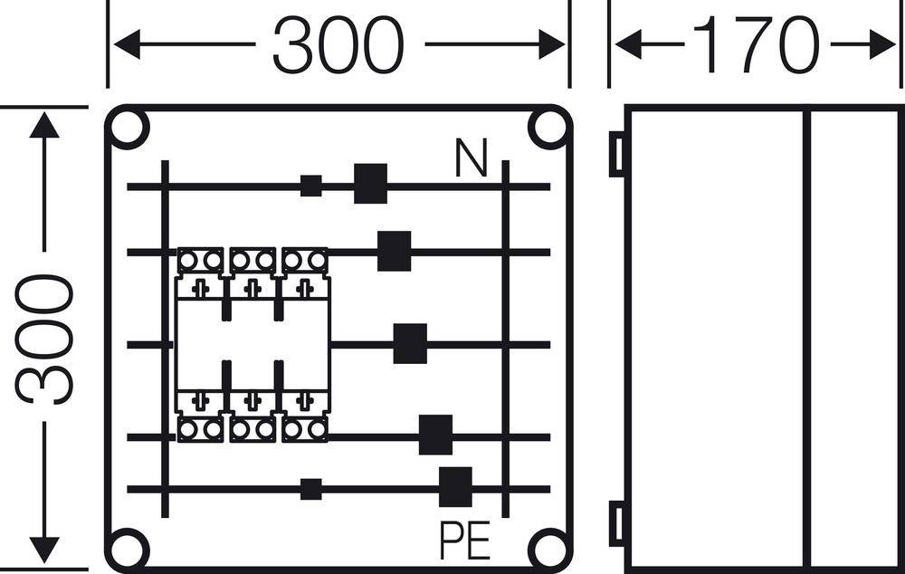 Technický výkres elektrického spínače s rozměry: 300x300 mm a hloubkou 170 mm, zobrazující připojovací body N a PE.