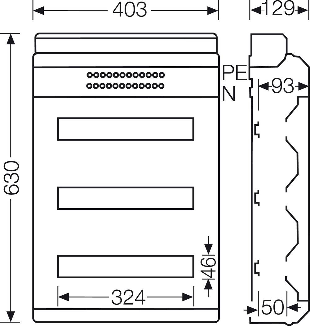 Technický výkres obdélníkového zařízení s rozměry v milimetrech. Zařízení má tři horizontální oddíly a je vysoké 630 mm.