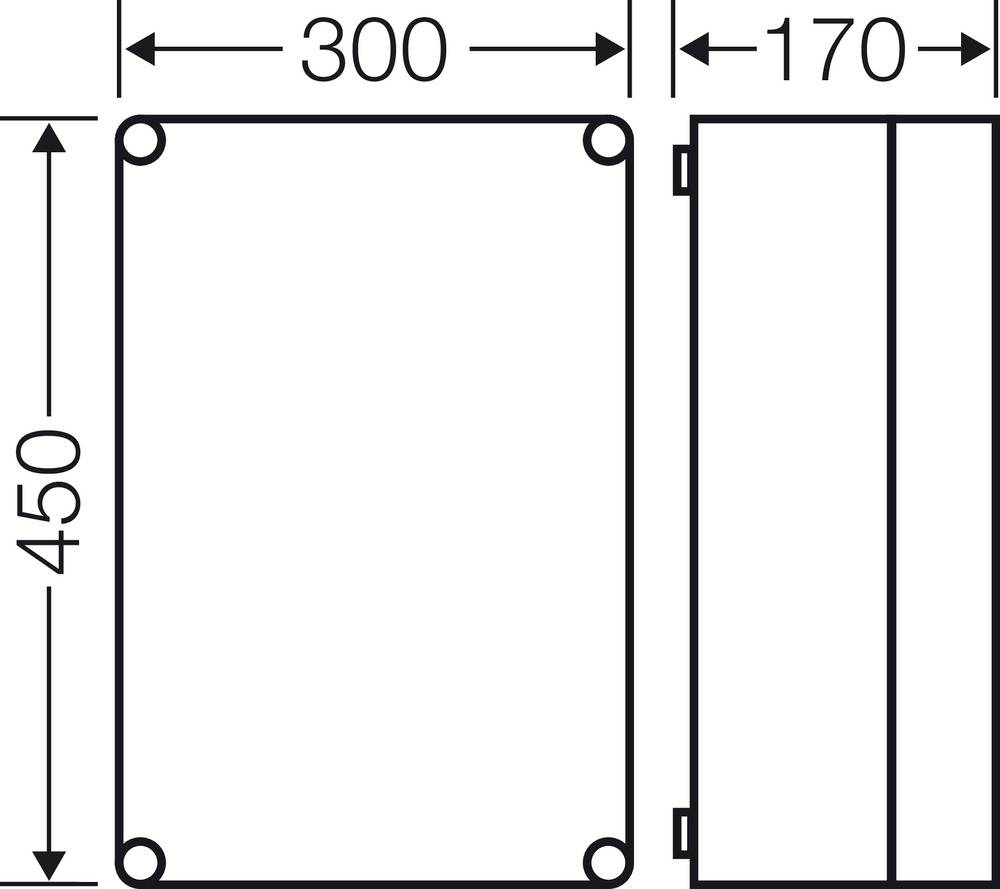Technický výkres obdélníkové krabice s rozměry: 300 mm šířka, 170 mm hloubka, 450 mm výška. Pohled zepředu a z boku.