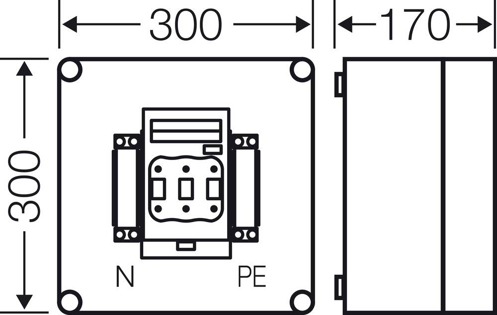 Schéma zapojení elektrotechnické komponenty o rozměrech 300 x 170 mm, svorky označené 'N' a 'PE'.