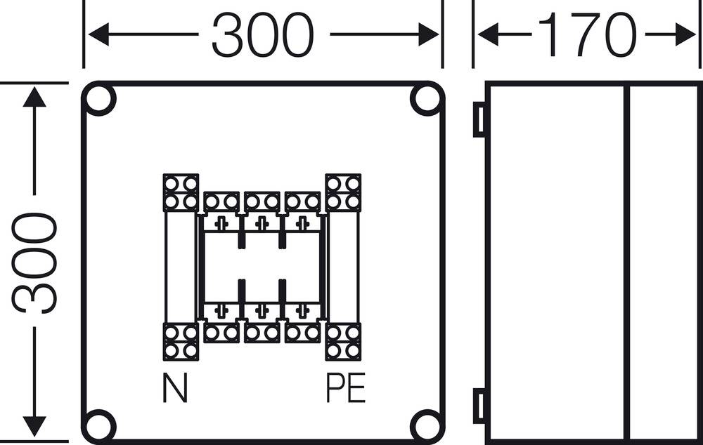 Schéma elektrické rozvodné skříně s rozměry 300x300x170 mm. Označeny jsou svorky 'N' a 'PE' včetně svorek.