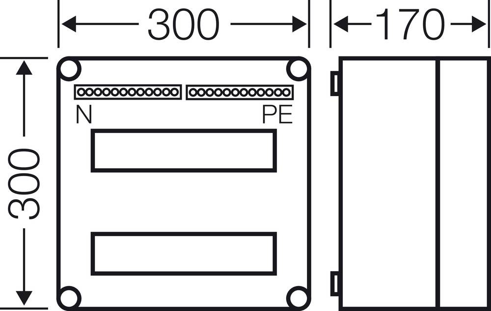 Technický výkres obdélníkové krabice o rozměrech 300x170 mm, s vyznačenými připojovacími body 'N' a 'PE' na horní straně.