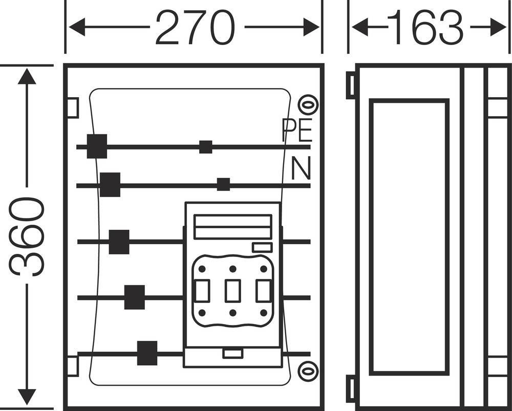 Technický výkres obdélníkové elektrorozvodné skříně o rozměrech 270 mm šířka, 163 mm hloubka a 360 mm výška.
