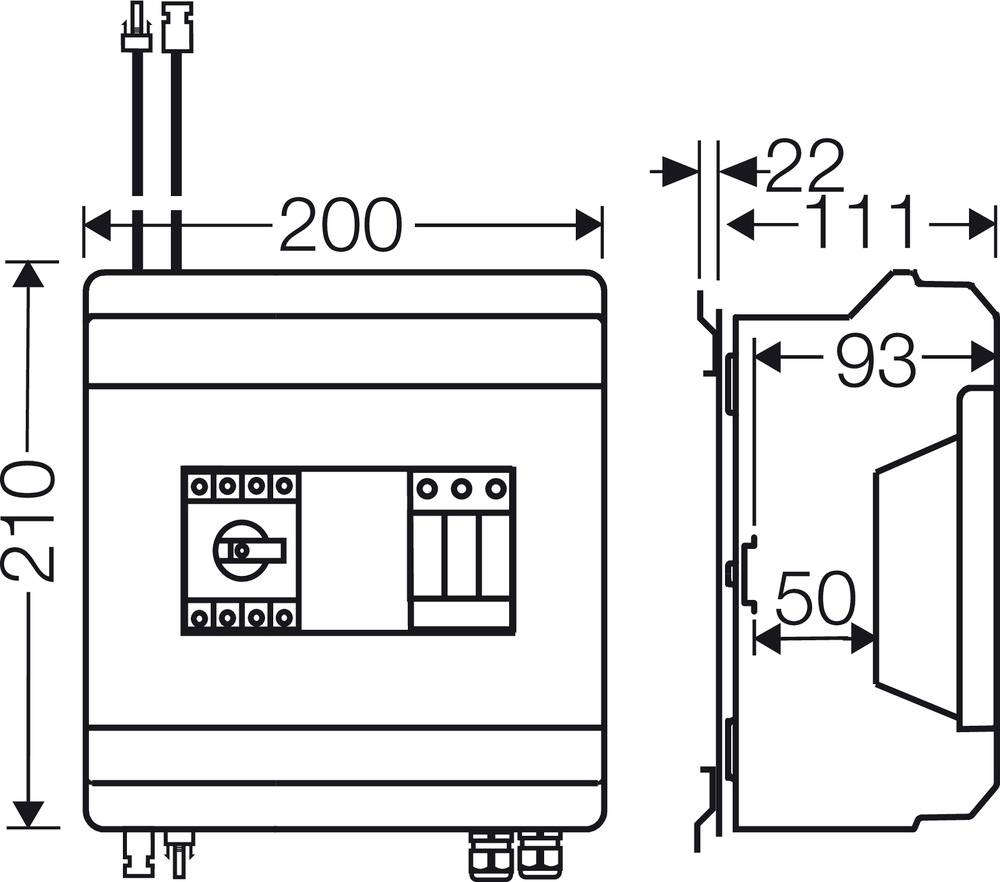 Obrázek ukazuje technický výkres elektrického zařízení s podrobnými rozměry: šířka 200 mm, výška 210 mm, boční hloubka 111 mm.