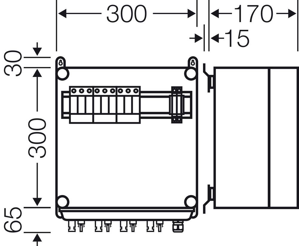 Diagram rozměrů znázorňuje horní pohled na elektrické zařízení s rozměry: 300 mm x 300 mm. Připojení a popisy jsou viditelné.