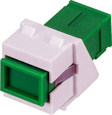 Plastový adaptér v růžové a zelené barvě pro síťové keystone jacky.