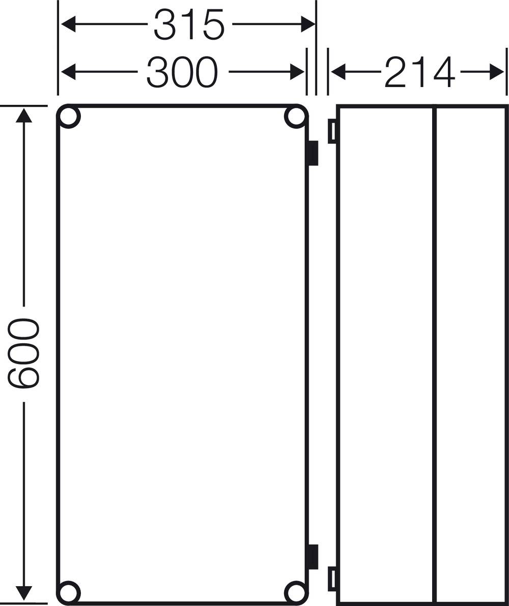 Kresba obdélníkového pouzdra s rozměry: výška 600 mm, šířka 300 mm, hloubka 214 mm.