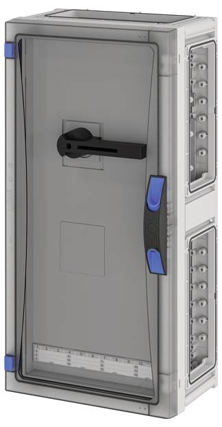 Šedý rozvodný box s černou klikou a modrými akcenty, používaný pro zabezpečení a distribuci elektrických připojení.