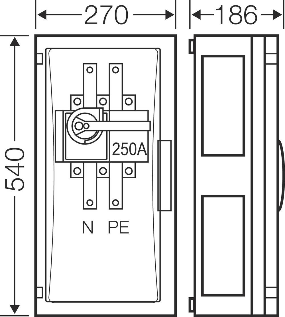Technický výkres rozvaděče s popiskami '270', '540', '186', 'N', 'PE' a '250A'.