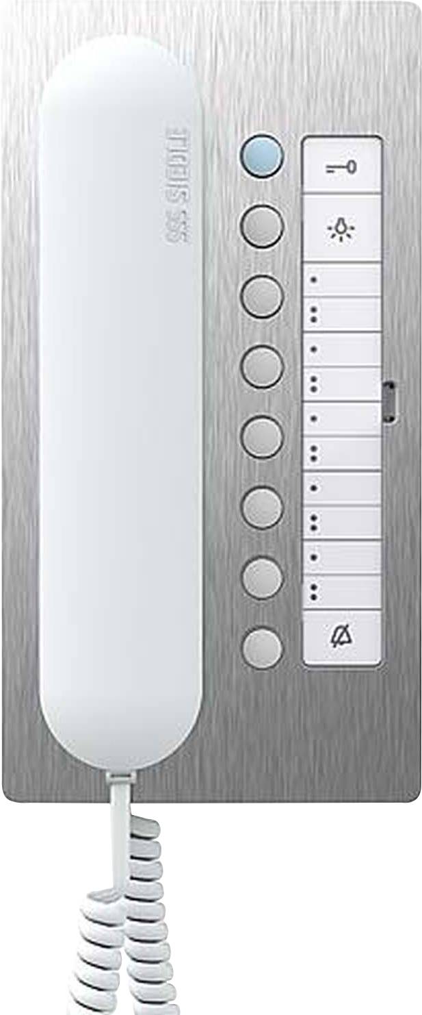 Telefon s mikrosluchátkem na nerezové desce, šest tlačítek vedle mřížky, horní modré tlačítko, symboly pro vypnutí osvětlení a vyzvánění.