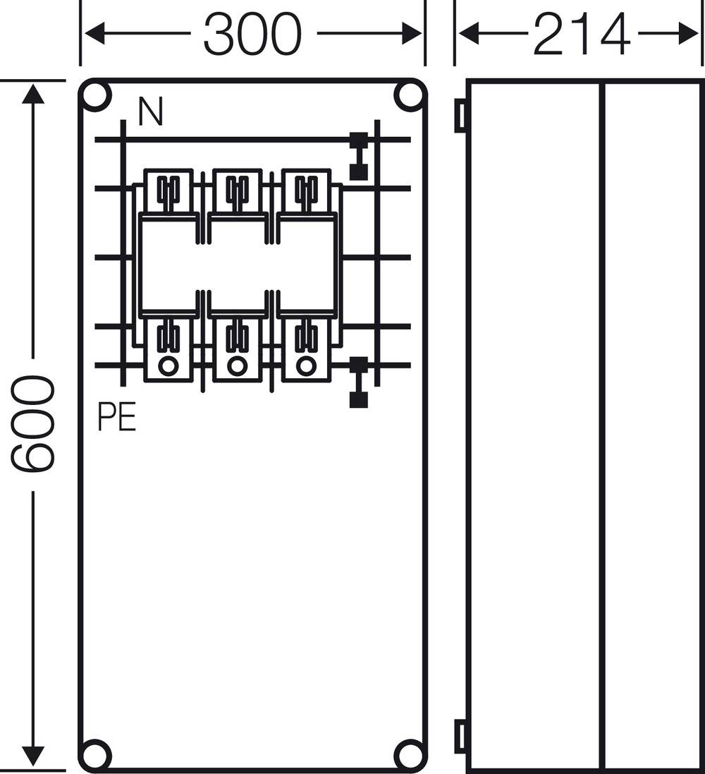 Schéma elektrického rozvaděče s rozměry: výška 600 mm, šířka 300 mm, hloubka 214 mm. Svorky pro N a PE jsou viditelné.