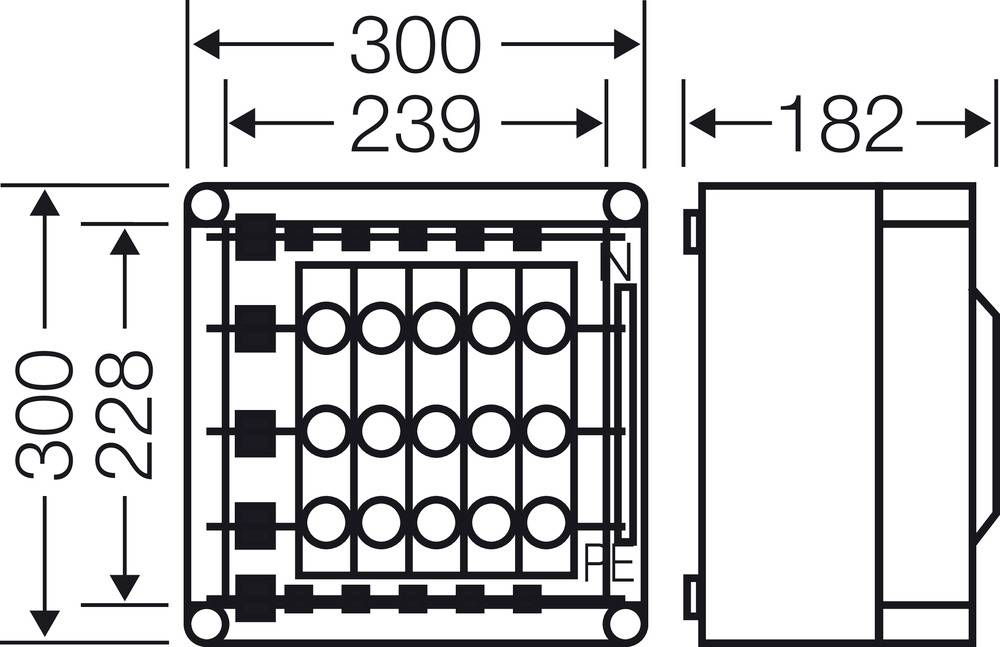 Technický výkres obdélníkového dílu s rozměry: šířka 300 mm, hloubka 182 mm, výška 300 mm. Zobrazeny boční pohled a pohled shora.