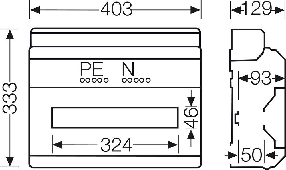 Technický výkres elektrické součástky s rozměry: šířka 403 mm, výška 333 mm, hloubka 129 mm. Obsahuje značení 'PE' a 'N'.