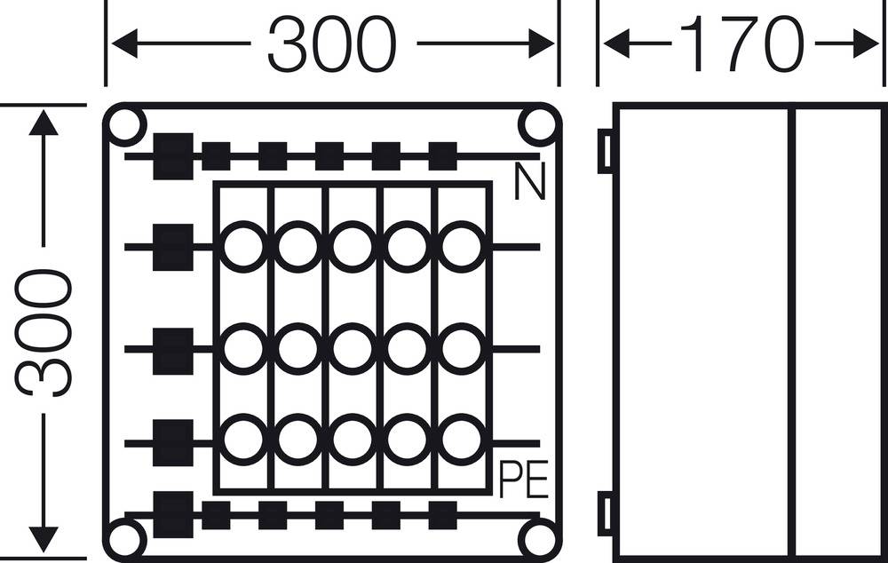 Diagram znázorňuje rozměry elektrické rozvodné skříně. Skříň je 300 mm široká a 170 mm hluboká, s připojovacími svorkami označenými jako 'N' a 'PE'.