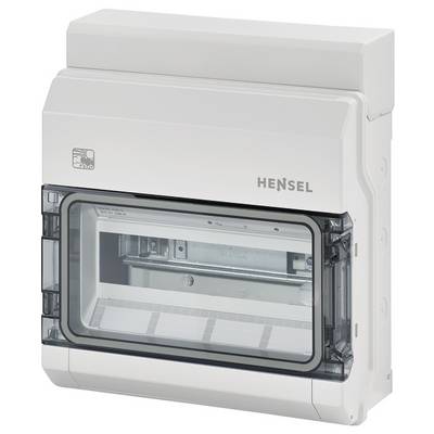 Elektrický rozvaděč značky Hensel s průhledným víkem, vhodný pro instalaci pojistek a spínačů.