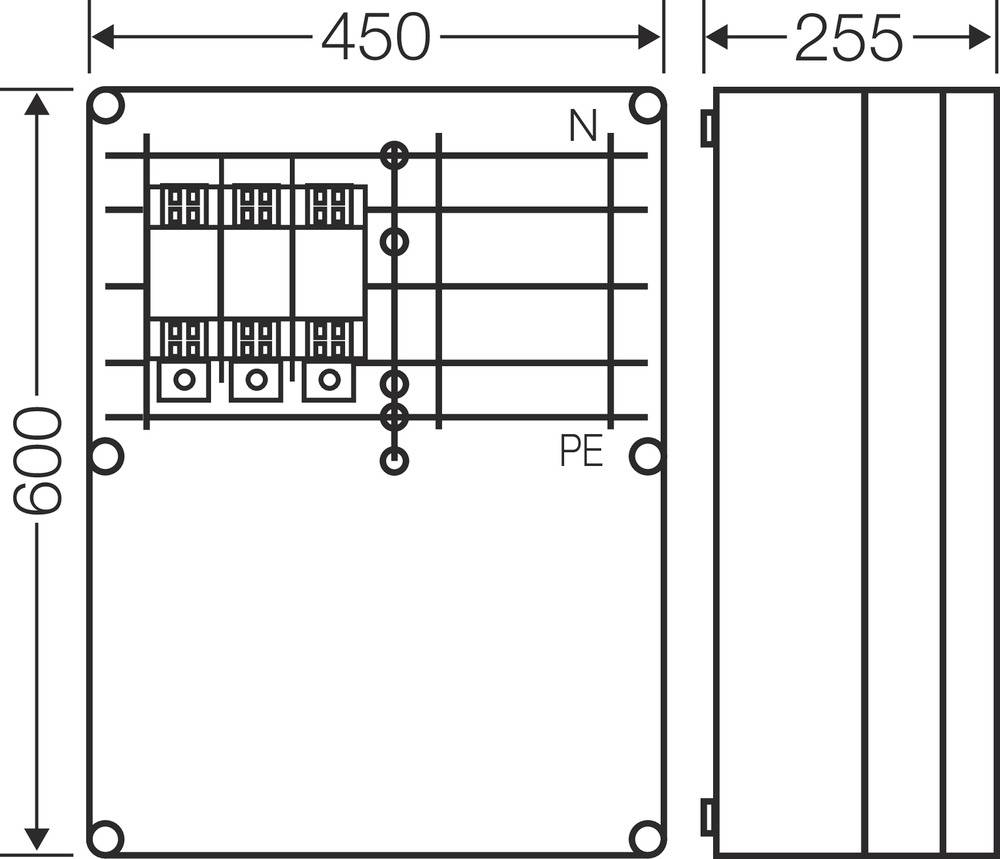 Technický výkres obdélníkového elektrického rozvaděče s rozměry: 450 mm šířka, 600 mm výška, 255 mm hloubka.
