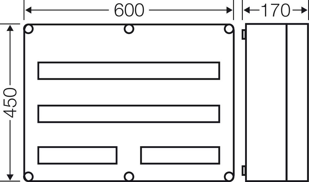 Diagram zobrazuje technický výkres obdélníkové krabice s rozměry 600 x 450 x 170 mm a rovnoběžně uspořádanými čarami.