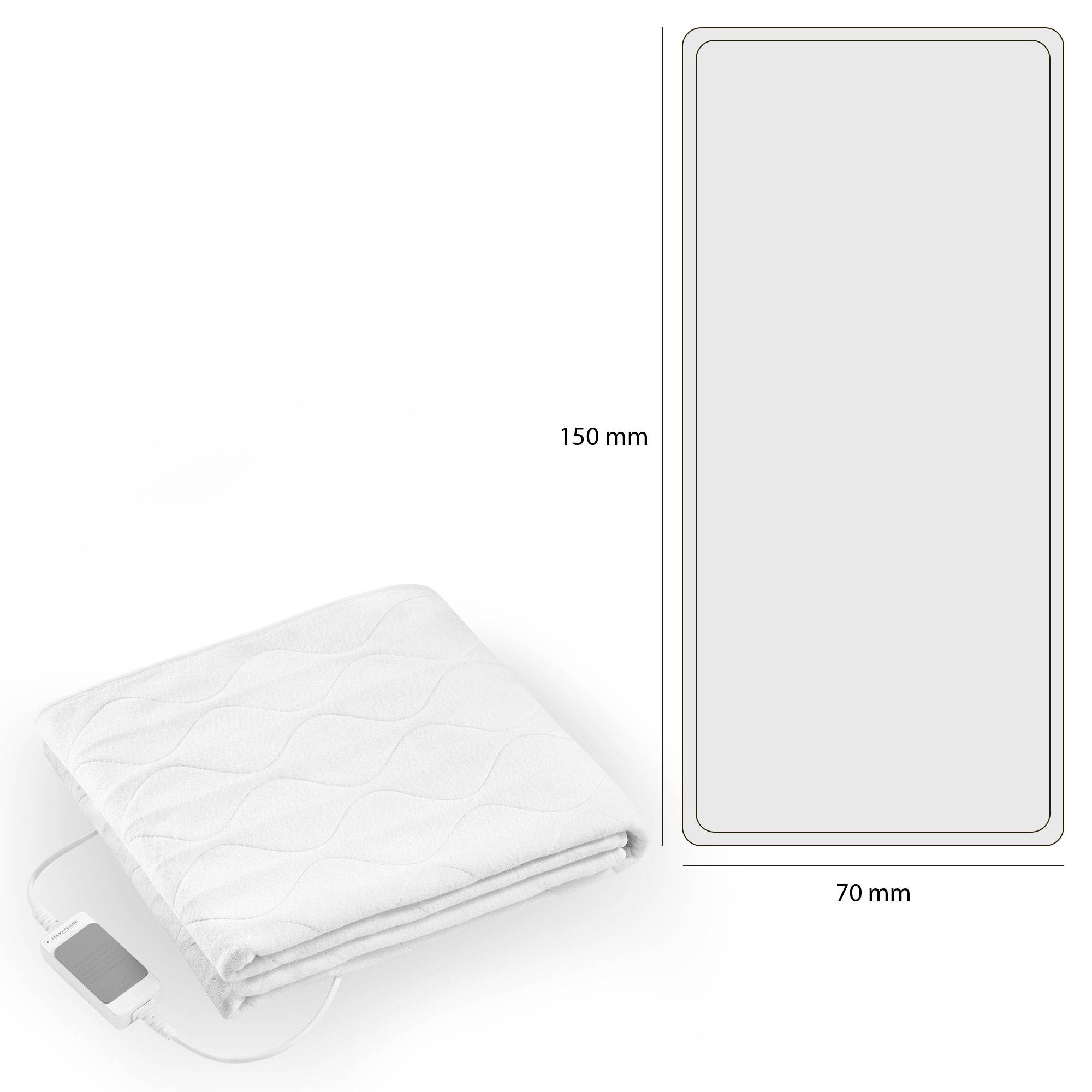 Elektrická topná podložka, bílá a obdélníková, 150 mm x 70 mm, s ovládací jednotkou, zobrazená ve složeném stavu.