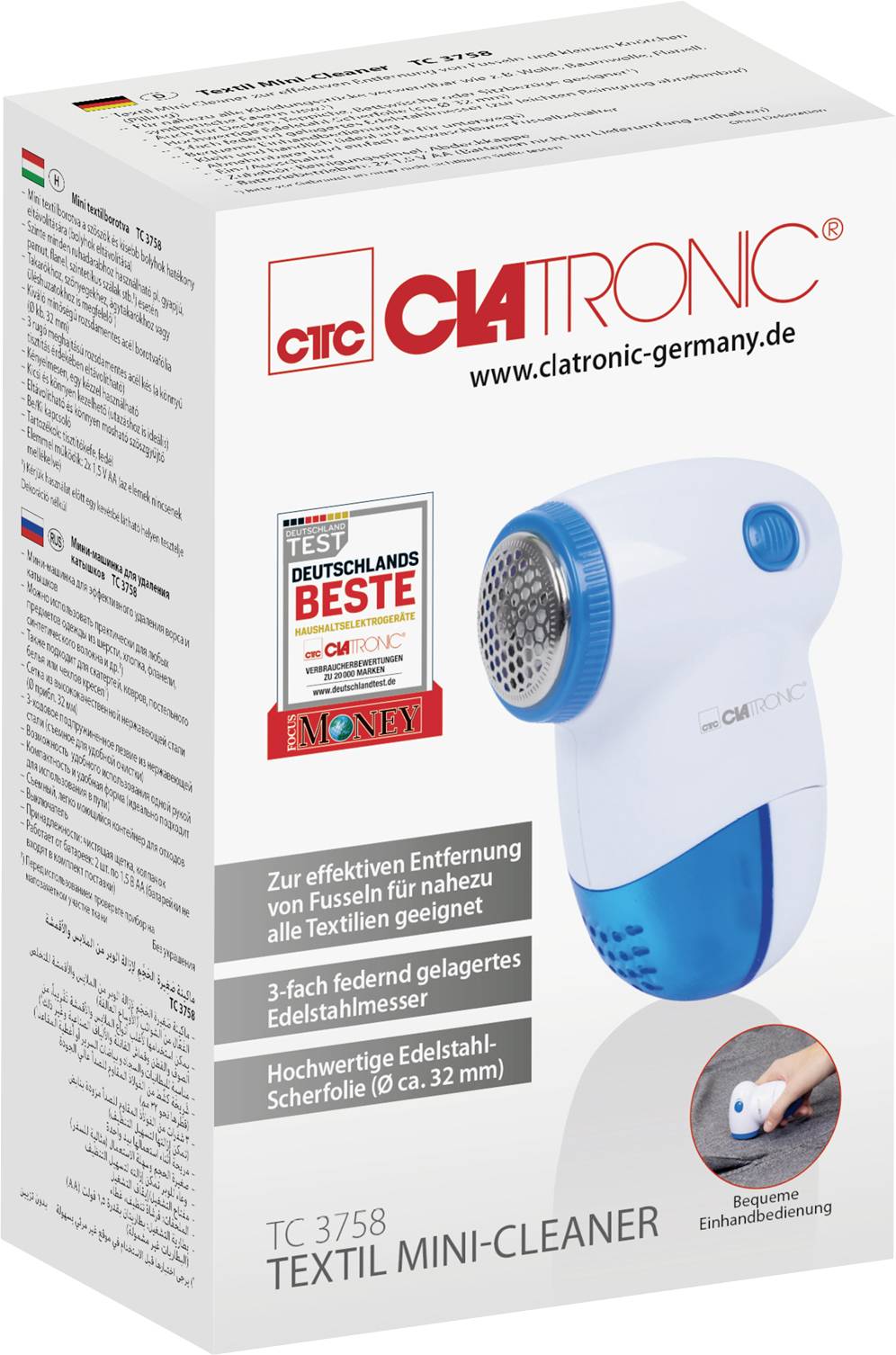 Bílý obal s vyobrazením modrého a bílého textilního mini čističe značky Clatronic, vhodného pro textilie.