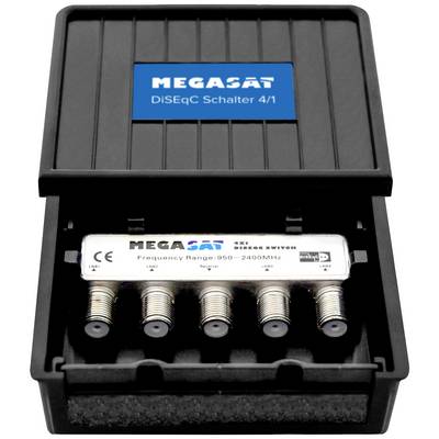Megasat DiSEqC přepínač 4/1 zobrazuje přepínač s pěti vstupy a frekvenčním rozsahem 950-2400 MHz, v černém pouzdře.