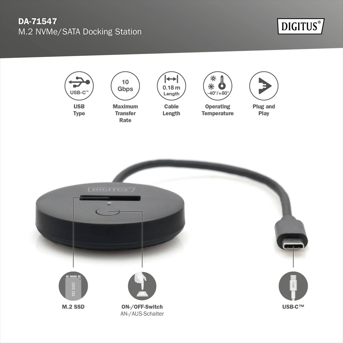 Dokovací stanice Digitus, model DA-71547, pro M.2 NVMe/SATA. S rozhraním USB-C, podporuje rychlost 10 Gb/s, plug-and-play, maximální přenosová rychlost.