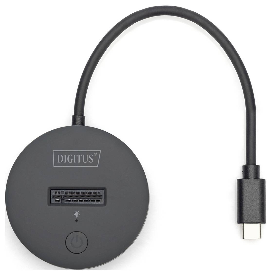 USB-C adaptér s kabelem s nápisem 'DIGITUS', dvěma sloты pro karty a symbolem napájení, vhodný pro paměťové karty.