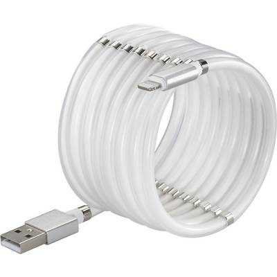 Bílý, svinutý USB nabíjecí kabel s USB-A konektorem na jednom konci a jiným typem konektoru na konci druhém.