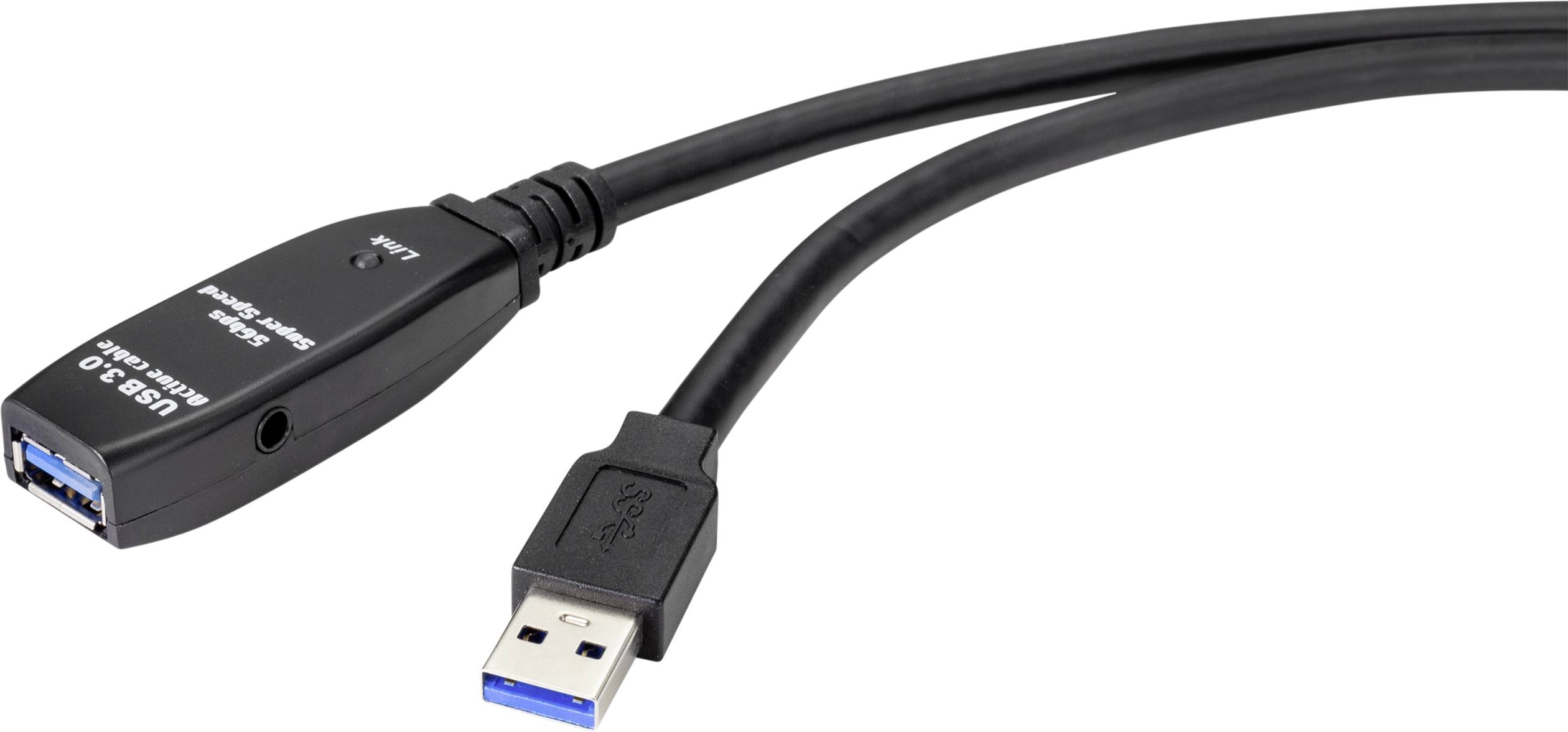 Černý USB 3.0 prodlužovací kabel s jedním samčím a jedním samičím konektorem; používá se k propojení zařízení.