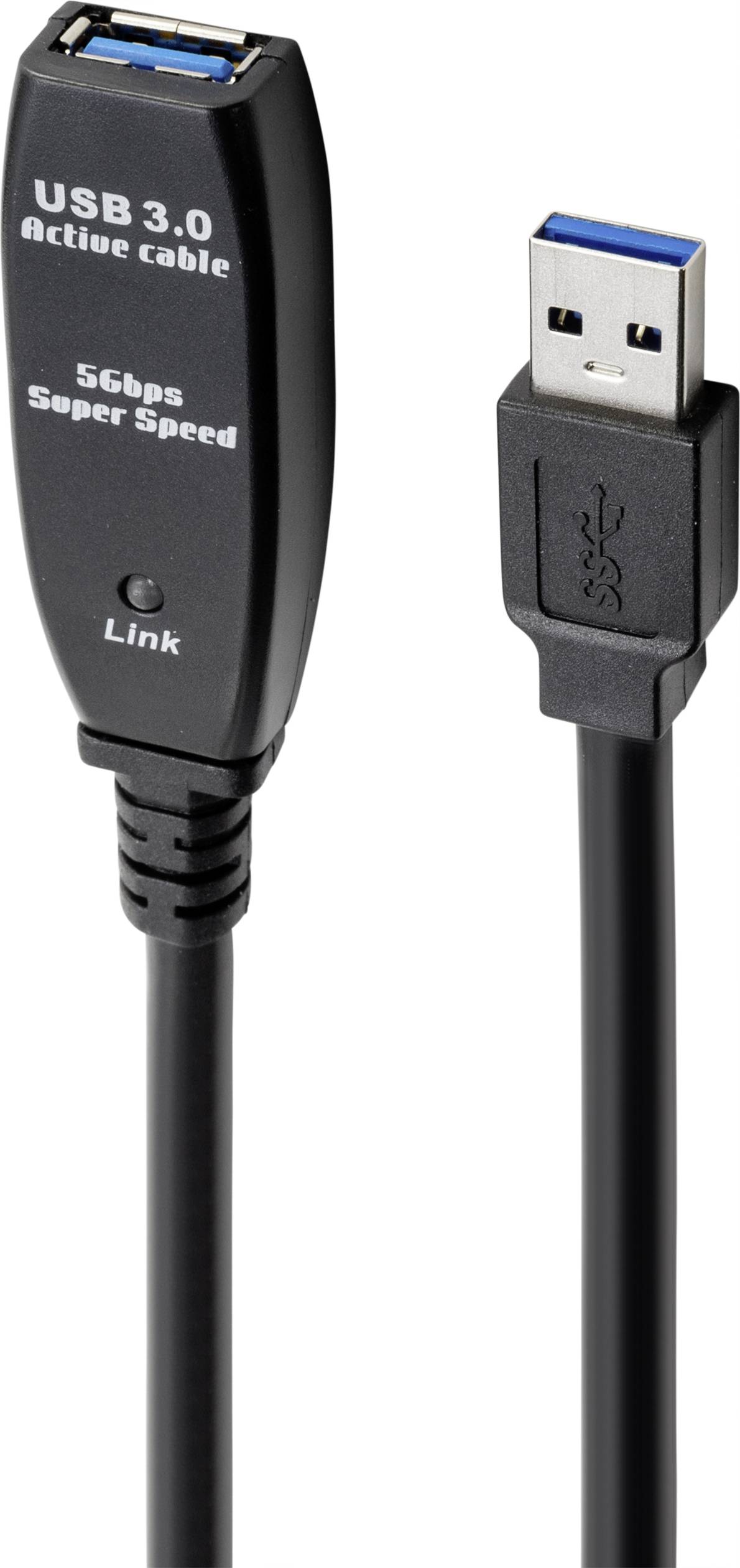 USB 3.0 aktivní kabel s rychlostí 5 Gbps Super Speed, modrým USB konektorem a indikační LED.