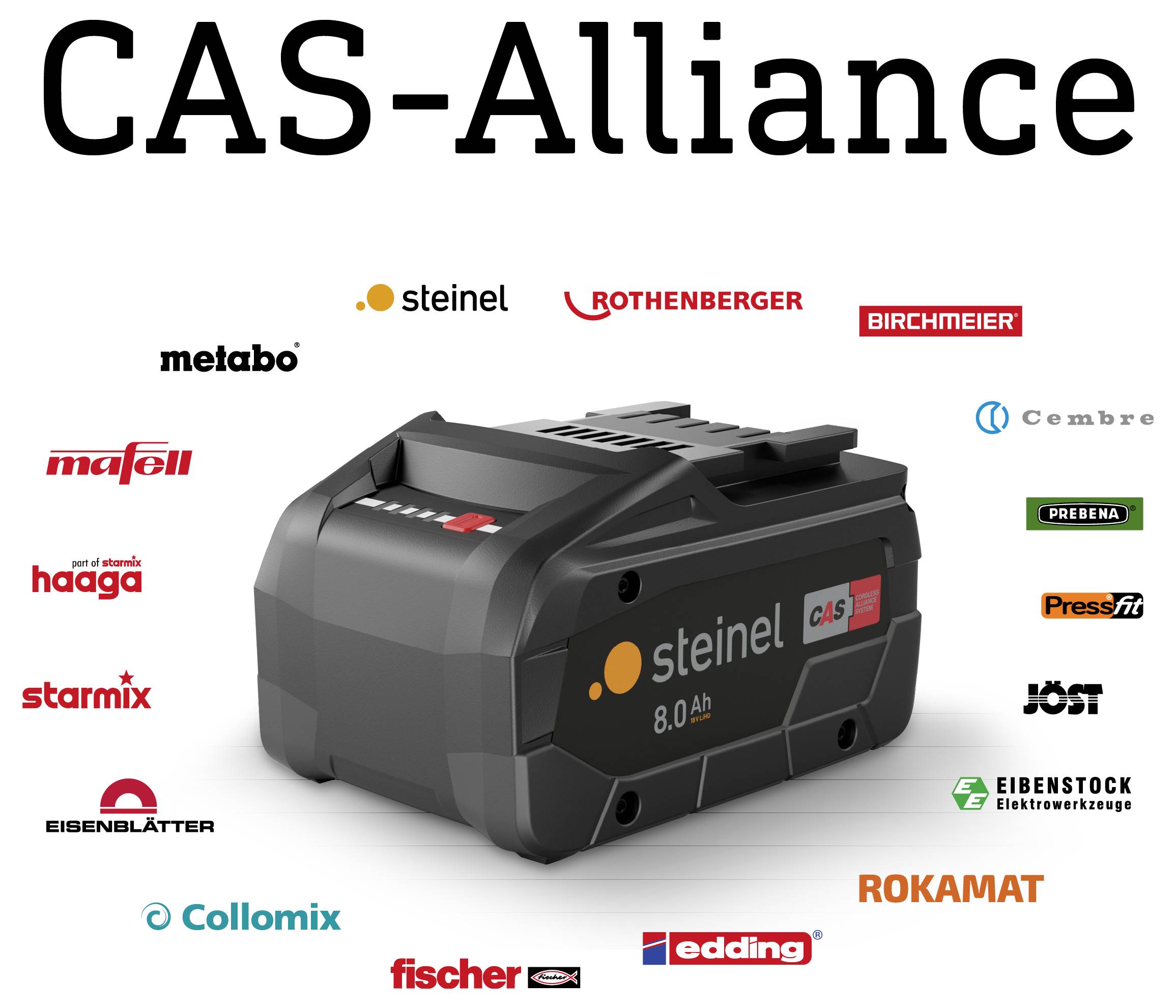 Logo CAS-Alliance se středově umístěnou baterií Steinel 8.0Ah obklopenou logy partnerských značek, vykazujícími kompatibilitu baterií mezi značkami.