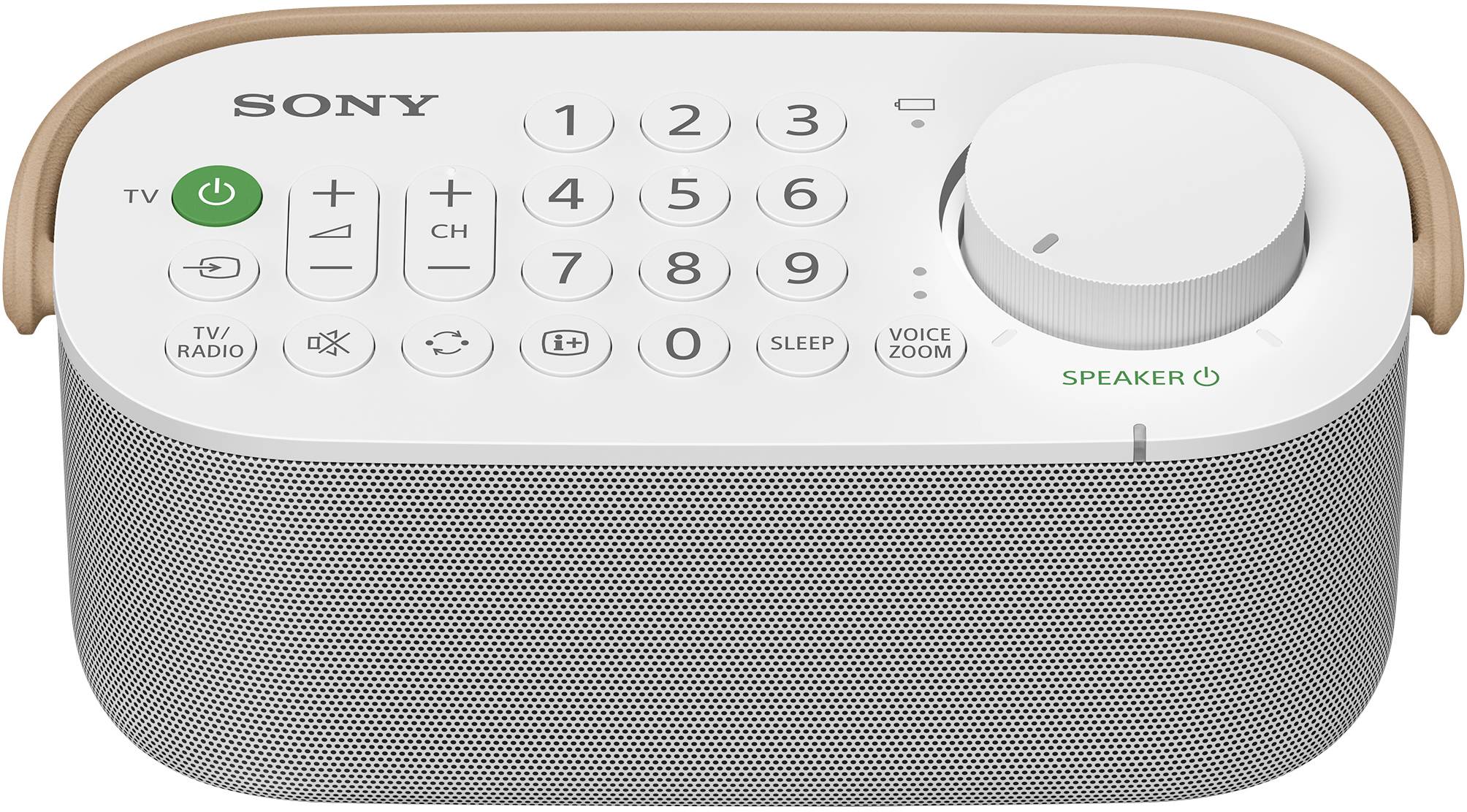 Bezdrátový reproduktor od Sony s ovládacími tlačítky, regulátorem hlasitosti a funkcemi jako TV/rádio a Voice Zoom.