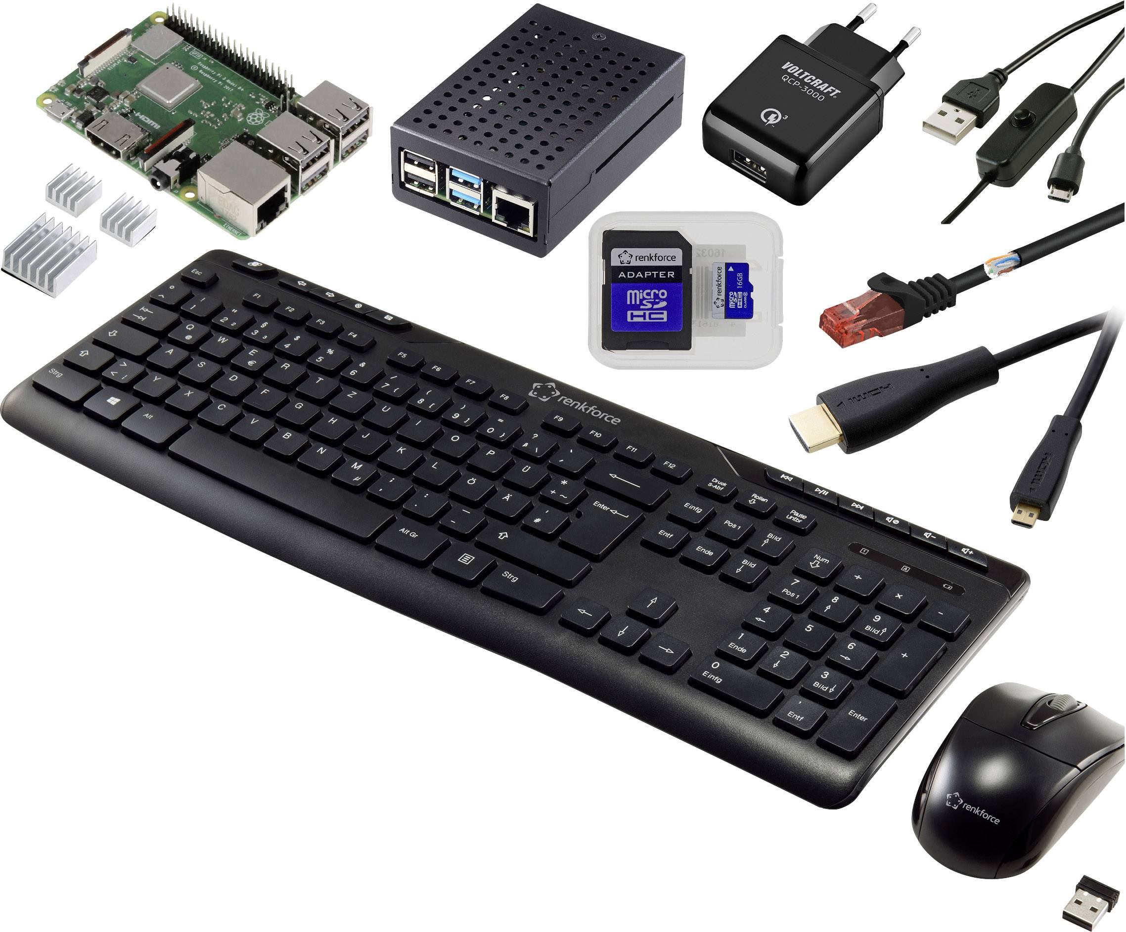 Počítačová sada obsahující klávesnici, myš, mikroprocesorovou desku, skříň, napájecí zdroj, ethernetový kabel a HDMI kabel. Součástí je také paměťová karta.