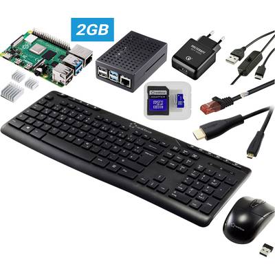 Sada Raspberry Pi 4 se 2GB RAM, černou klávesnicí, myší, napájecím adaptérem, pouzdrem, HDMI a ethernetovým kabelem a mikroSD kartou.