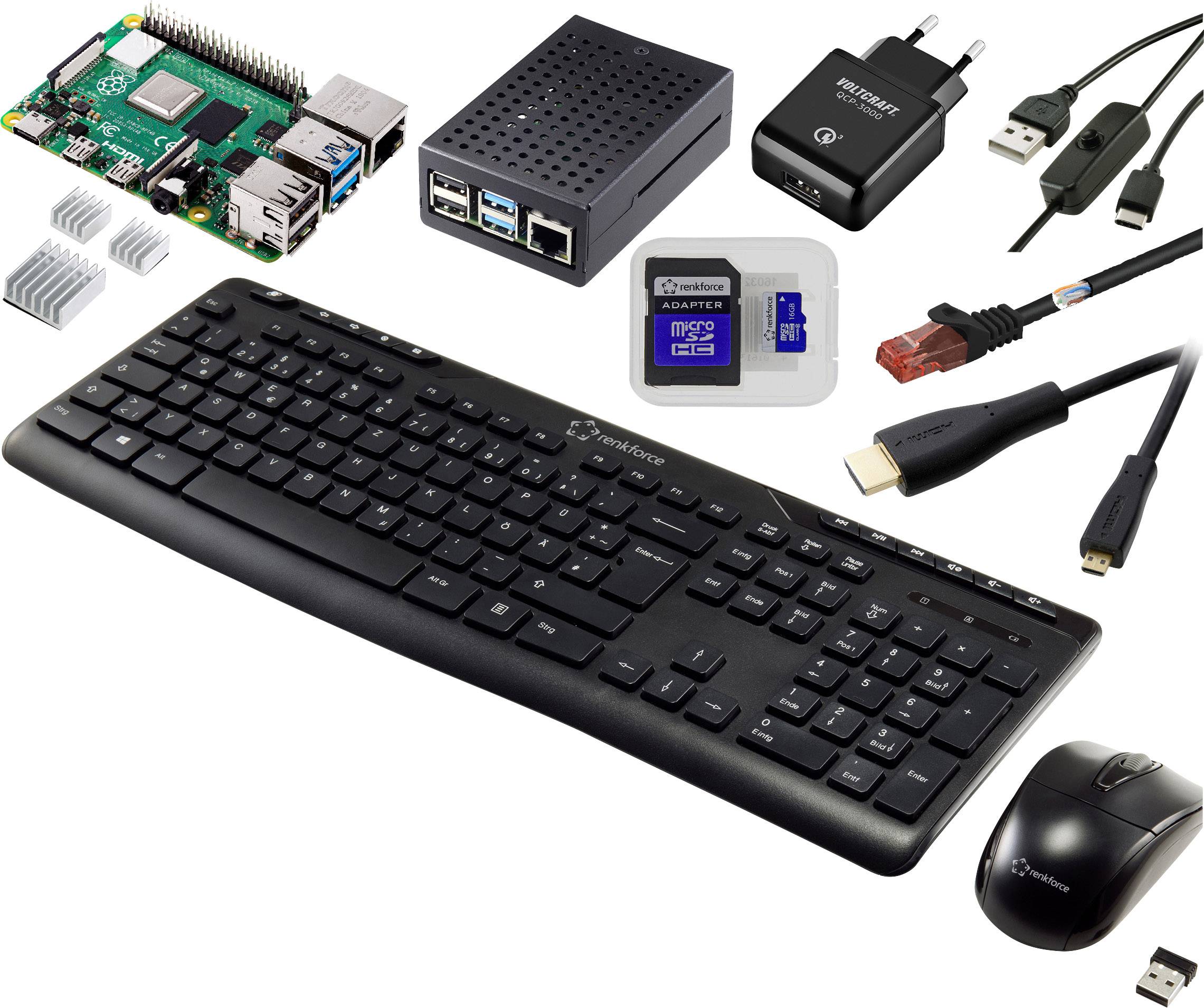 Raspberry Pi sada s příslušenstvím: základní deska, pouzdro, napájecí adaptér, HDMI kabel, ethernetový kabel, microSD karta, černá klávesnice a myš.