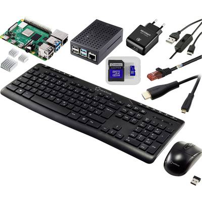 Raspberry Pi sada s příslušenstvím: základní deska, pouzdro, napájecí adaptér, HDMI kabel, ethernetový kabel, microSD karta, černá klávesnice a myš.