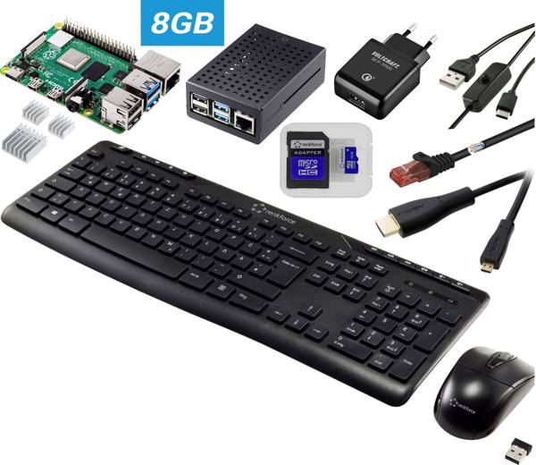 TRU COMPONENTS Pro Set Raspberry Pi® 4 B  8 GB 4 x 1.5 GHz vč. napájecího zdroje, vč. pouzdra, vč. chladicího tělesa, vč. HDMI™ kabelu, vč. klávesnice, vč. myši
