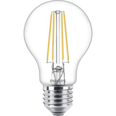 Průhledná LED žárovka s viditelnými vláknovitými strukturami uvnitř a kovovým soklem.